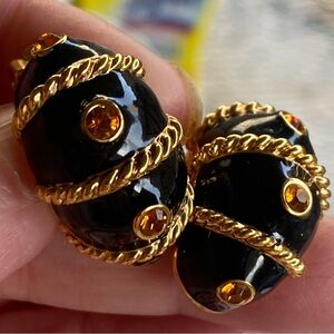 Vintage Joan Rivers Black Enamel Clip On Earrings Yellow Rhinestones + Gold Tone